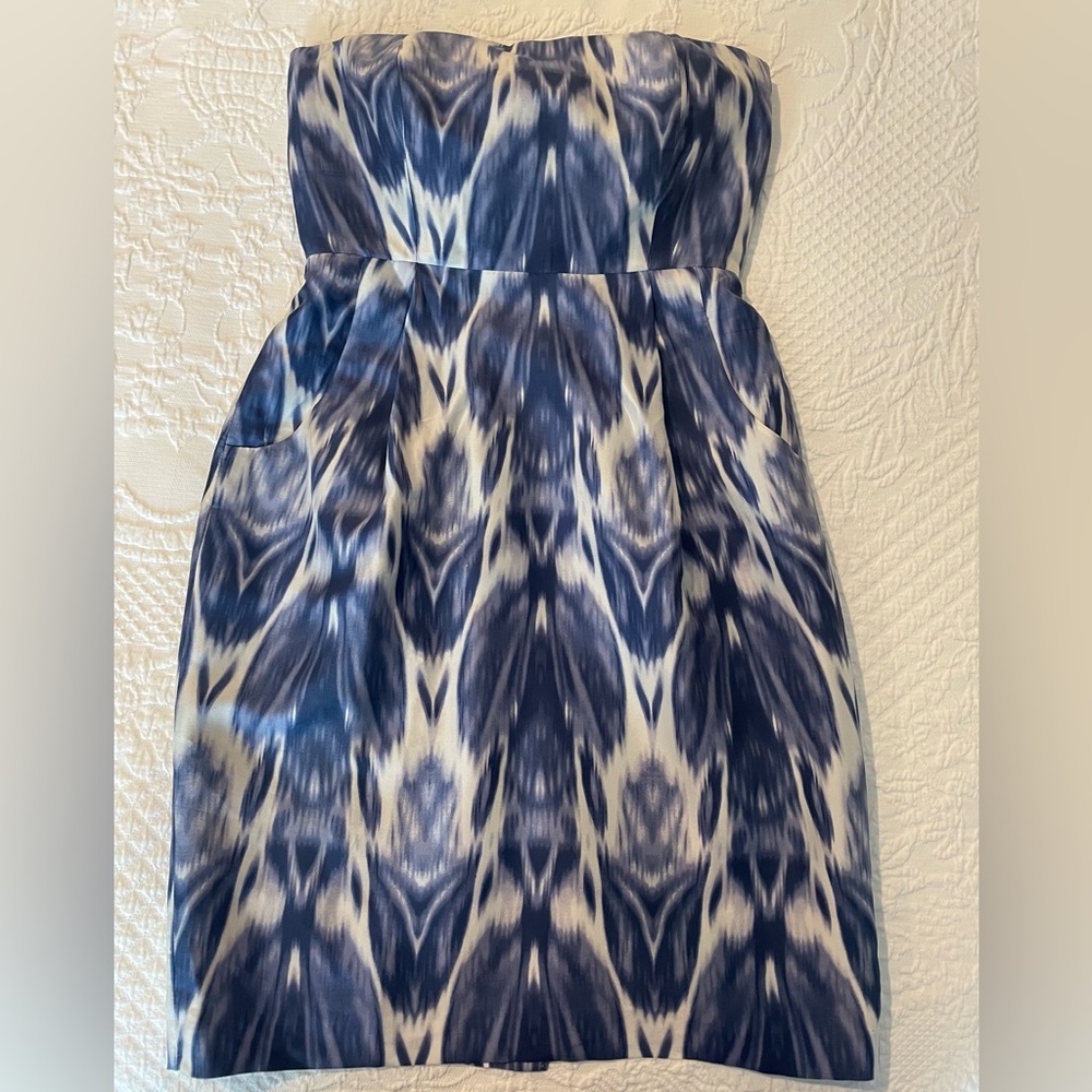 J Crew Stunning Strapless Silk Dress in Soft Shades of Blue.